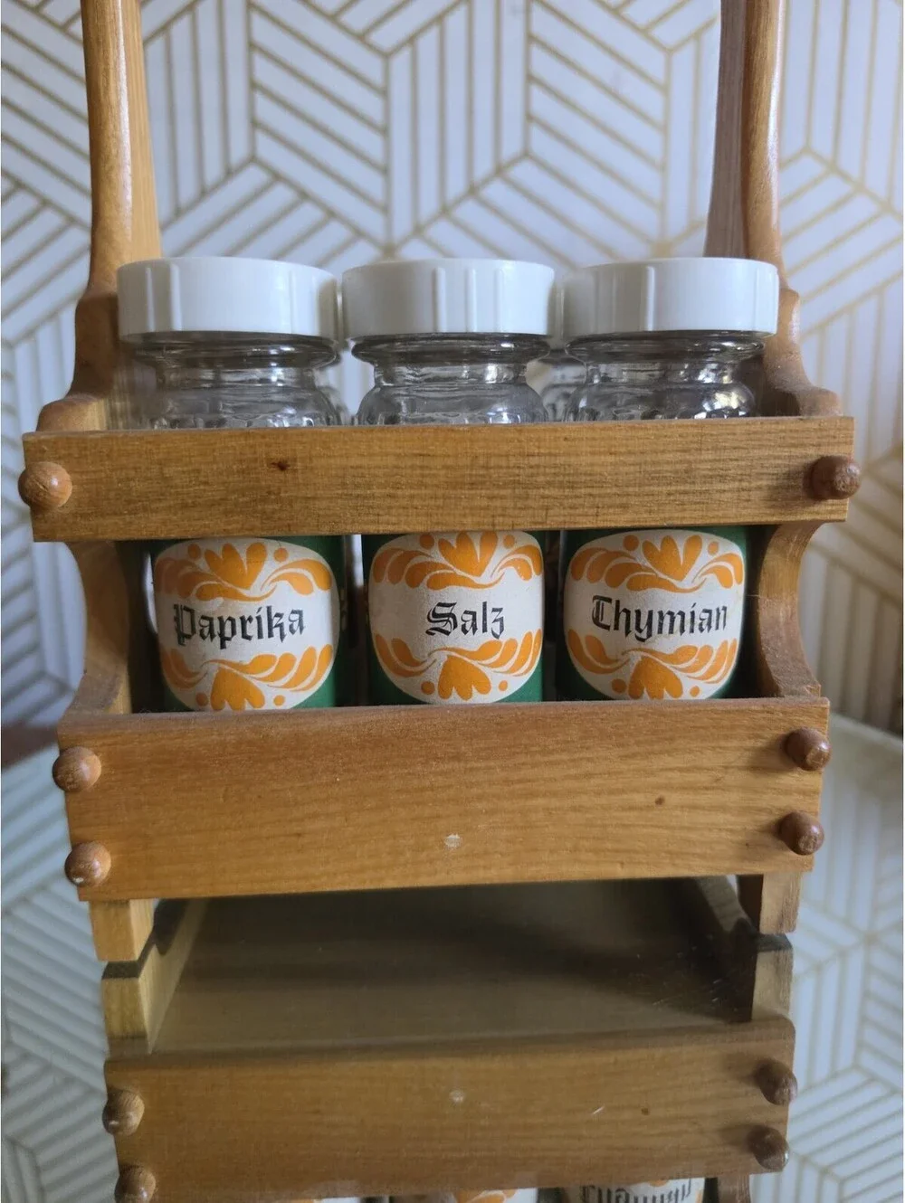 Vintage Wooden Spice Caddy W 6 Glass Jars With Dispenser Lids